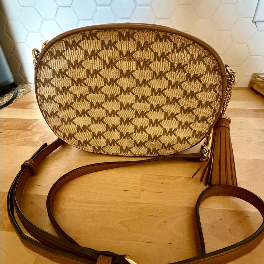 Michael Kors Tan/Brown MK Logo Oval Crossbody with Tassel